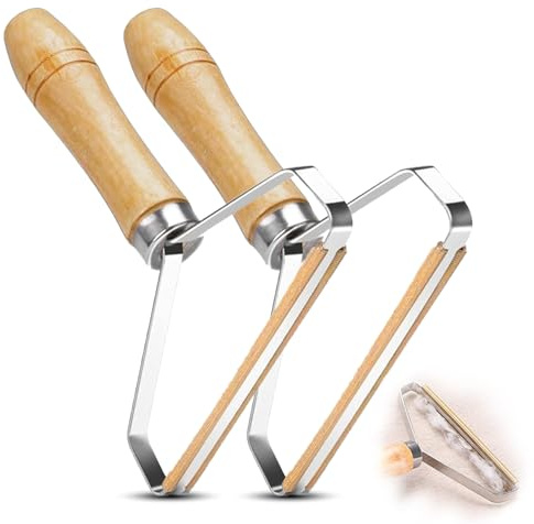 Shunshi Tragbarer Fusselentferner, 2 Stück, manuell, wiederverwendbar, mit Holzgriffhalter, Fusselentfernung, Profi-Werkzeug zur Reinigung von Tierhaaren auf Teppichen, Sofas, Betten, Decken, Kleidung