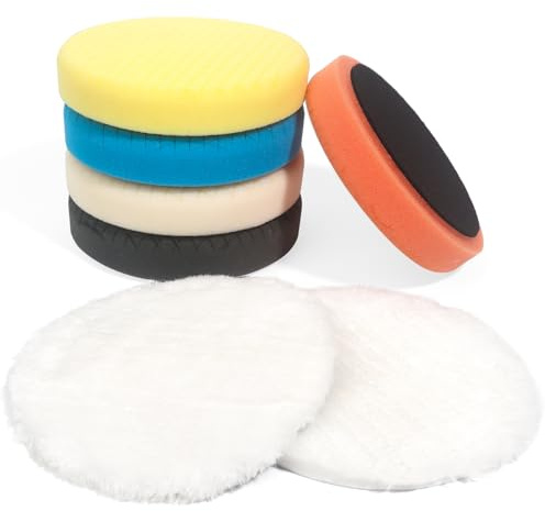 7tlg Polierschwamm Polierpads 150mm Klett Set, Auto Polierscheibe Polierset Polierwatte, Polieraufsatz Wachs Schwämme Pads, Polierschaum für Akkuschrauber, Exzenter Poliermaschine, Schleifmaschine