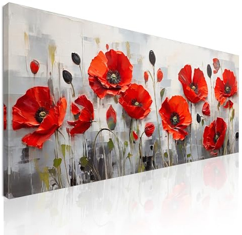 CheQuadro! Modernes Gemälde für Wohnzimmer, großes Bild, rote Mohnblumen auf modernem grauem Hintergrund, auf Leinwand, gerahmt, fertig zum Aufhängen, bow35-90 x 40 cm