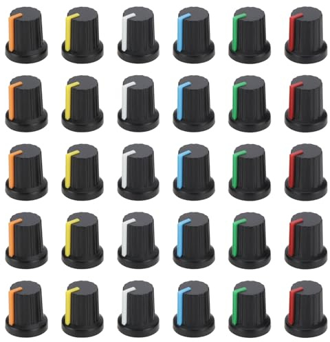 Be In Your Mind Potentiometer-Einstellknöpfe, 6 mm, gerändeltes Schaftloch, 15,5 x 15 mm, für Audiogeräte, Autoradio-Verstärker, Weiß/Rot/Orange/Blau/Grün/Gelb, 30 Stück