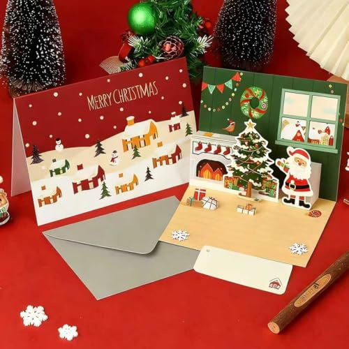 DITK-U 3D Weihnachtskarte 3D Pop Up Grußkarte für Weihnachtsmann Elch und Weihnachtsbaum handgemachte Geschenkkarte für Weihnachtstagsgrüße, Segnungen