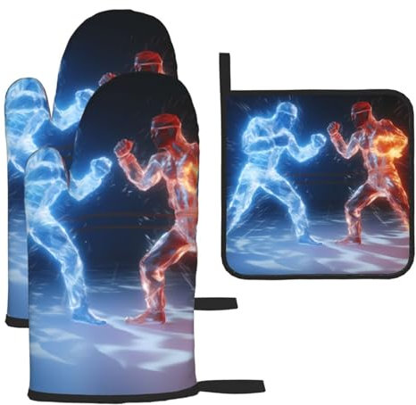 YYHHAOFA Lot de 3 gants de cuisine imperméables et durables pour four et manique pour isolation thermique Motif boxe sur glace et feu