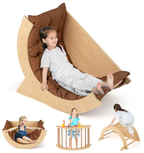 Costzon Kids Wooden Arch Rocker with Cushion, 6-in-1 Montessori Climbing Toys for Toddlers, Children Indoor Sensory Table Climbing Gym Learning Playset, Arch Climber Ladder for Kids Gift Presents