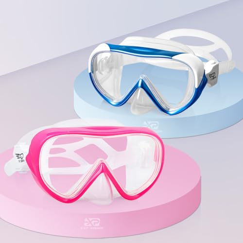 Barn dykglasögon 180° panorama barn snorkelmask, anti-dimma dykmask härdat glas simmask pojke silikon dykmask flicka simglasögon med nässkydd 4–16 (rosa + blå 2 st)
