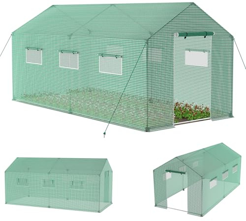 UISEBRT Gewächshaus Winterfest Foliengewächshaus Tomatenhaus mit Gitternetzfolie, Fenster und Erdankern, Verzinkte Rohrrahmen, Frostschutz Treibhaus für Garten Pflanzenanbau (9㎡, 4.5x2x2 m Grün)