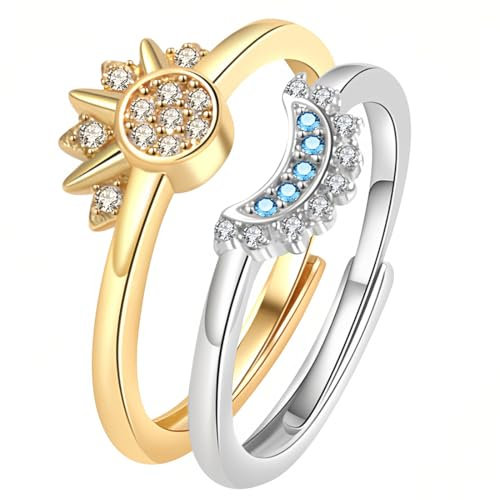 EAVUYIS 2Pcs Ajustable Bagues Motif Lune Soleil Scintillantes Réglables Bague Bague d'amitié, Bijoux Lune Soleil Empilable, Pour couples