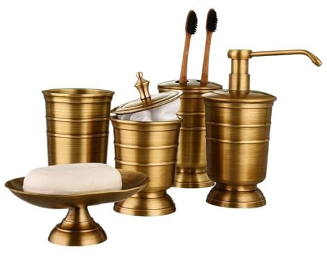 Seifenspender-Set, Badezimmerzubehör aus antikem Messing, Lotionflasche, Zahnputzbecherhalter, Seifenschale, Seifenspender, 5-teiliges Set, Badezimmerzubehör, Badezimmerzubehör(5pcs Set)
