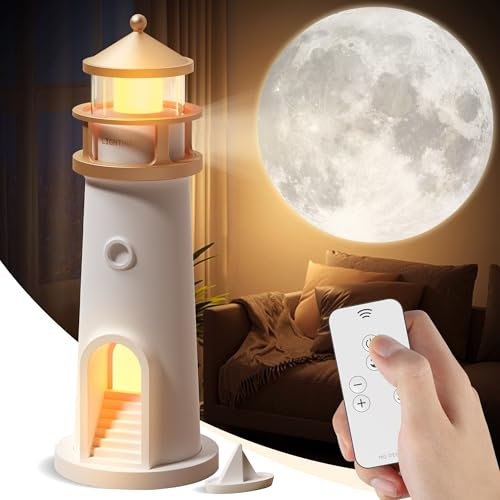Moon Lamp Projector Night Light with Remote Control,Lighthouse Lamp Decor Kids Night Light,Rechargeable LED Galaxy Projector Moon Light,Dimmable Table Lamps Christmas,Birthday Gifts for Boys Girls