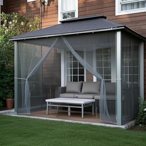 Heavyoff Outdoor Vorhang Wetterfest Transparent mit Stangedurchzug Wasserdicht Moskitonetz Gardinenschals Outdoorvorhänge Sichtschutz für Terrassentür Pavillon 2er Set, Grau, H160 x B305 cm