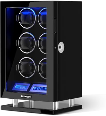 DUKWIN Uhrenbeweger für 3/4/6/9/12 Uhren Fingerabdruckschloss Automatischer Uhrenbeweger mit LCD-Fernbedienung, Blaues LED-Licht, Japanischer leiser Motor, Nlk20-6 Uhren, Uhrenbeweger für 6 Uhren