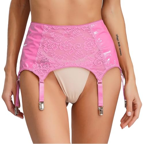 Rswnyirn Damen Lack Leder Strapsgürtel Breiter Strumpfhalter Spitze Hüftgürtel mit Clips Unterwäsche Dessous