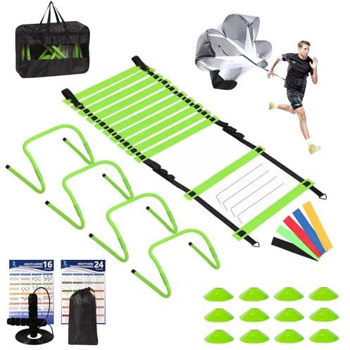 Kevirice Agility Ladder, Speed Training Equipment Set, 20ft 12 Rung Agility Ladder, 4 Agility Hurdles, Running Parachute, Jump Rope, 5 Resistance Bands, 12 Resistance Cones for Athletes, Adults(Green)