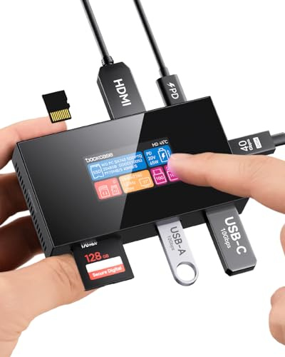 DOCKCASE 7IN1 USB Hub ChronosBox para Fotógrafos – SD & microSD UHS-II 312 MB/s, SSD NVMe M.2 2230/2242 10 Gbps hasta 2 TB, PD 100 W, USB-A & USB-C 10 Gbps, HDMI 4K@120 Hz, Pantalla Táctil 1,90″