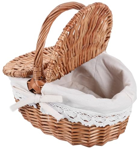 Mipcase Wicker Picnic Basket with Lid and Handle: Vintage Woven Storage Basket with Washable Lining for Flowers Vegetables Fruits, 10.02X7.27X5.31in