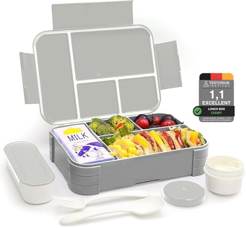 IJIAMY Brotdose Kinder mit Fächern, Bento Box Kinder, Auslaufsicher Lunchbox Kinder, Brotbox für Mädchen & Jungen, Snackbox, Perfekt für Schule, Kindergarten & Ausflüge (Hellgrau)