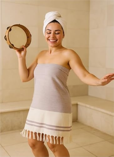 Premium Turkish Hammam Spa Set, 6-Piece Bath and Wellness Collection with Peshtemal Towel, Exfoliating Mitt, Loofah, Wooden Comb in Mesh Gift Bag (pink)