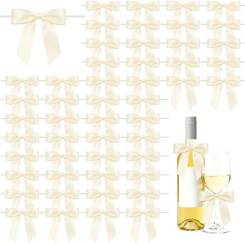 Bellanova 50 Stück Geschenkschleifen mit Draht 9×9 cm (Bandbreite 2,5 cm), Fertige Schleifen mit Klarem Bindedraht, Dekoschleifen für Geschenkboxen/Backverpackungen/Dekoration/Partys (Cremegelb)