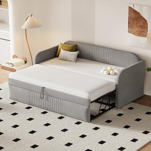 Polsterbett Ausziehbares Schlafsofa mit hydraulischem Mechanismus, vertikal gestreifter Leinenstoff, Lattenrost, multifunktionales Sofa- und Bettgestell, Robustes Metallgestell für Wohnzimmer und