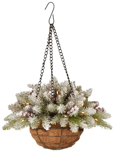 Jorzer Christmas Hanging Baskets for Outdoors Winter Pre-Lit Pine Cones Berry Artificial Hanging Baskets Outdoor Christmas Decorations for Xmas Porch Garden Patio