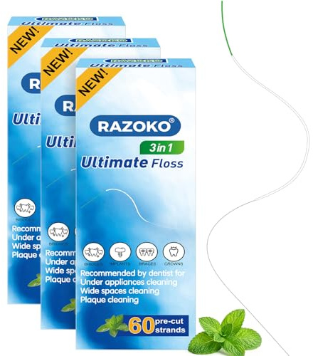 RAZOKO Fil dentaire 3 en 1 pour appareils dentaires et ponts – 180 pièces avec aide à l'enfilage intégrée, extensible comme une éponge, sans PFAS, goût de menthe glacée