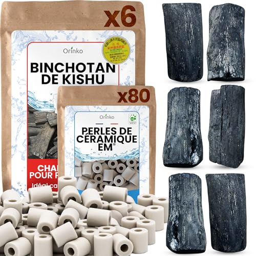 ORINKO® Binchotan Bio Charbon Actif Eau x6 + Perles de Céramique EM x80 – Lot Purification Eau Écologique – Améliore le Goût, Réduit Chlore, Calcaire – Idéal Carafe, Bouteille, Gourde