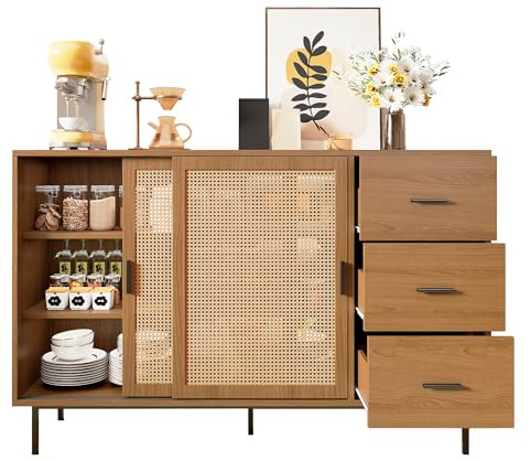 Azkoeesy Aparador de 140 cm de ancho con 2 puertas correderas de ratán y 3 cajones para salón y comedor, estilo rústico, efecto madera, estantes ajustables, dimensiones: 140 x 91 x 37 cm