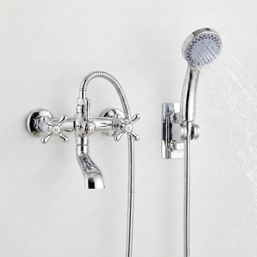 Badewannenarmatur mit Handbrause, Wannenarmatur Retro Chrom, Mischbatterie Badewanne Messing Aufputz, Nostalgie Duscharmatur mit Kreuzgriff und Halterung Ohne Bohren, Wandmontage