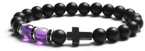 Wqishinuanyang män kvinnor 8 mm natursten tigeröga & svart matt agat pärlarmband elastiskt armband, 17cm-6.7inch, Sten Läder