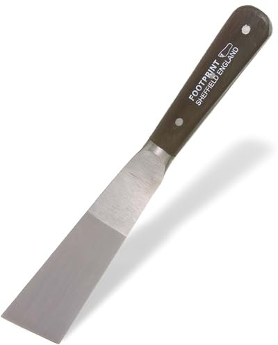 Footprint Skew Point Putty Knife - 4.5”/115mm Hardened and Tempered Spring Steel Decorators Tool. Full Tang, Triple Rivet Hardwood Handle for Mixing, Filling and Scraping.