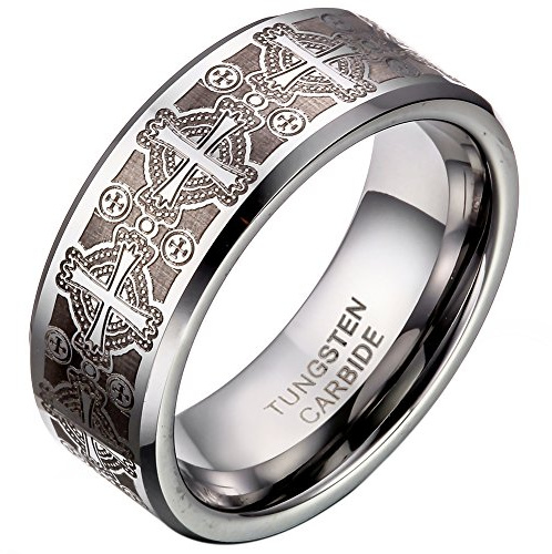 JewelryWe Schmuck Triton Herren-Ring Damen-Ring Wolframcarbid Ring Unisex mit Laser geätzten Kreuz/Zickzack Rillen Hochzeitband Verlobungsring 8mm Breite Größe 54 bis 67