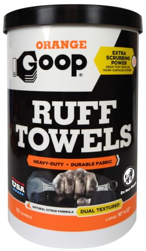 GOOP Orange Heavy Duty Ruff Towels with Scrubbing Power, 10” x 12” Dual Textured Multi-Purpose Cleaning Wipes, Removes Dirt, Grease, Oil, 72 Count
