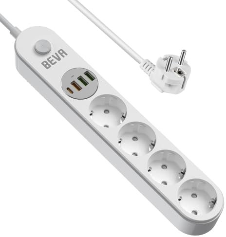 4 Prises Multiprise avec USB C + Interrupteur +Câble 2M, BEVA Bloc Multiprise 2500W/10A 3 USB-A +1 USB-C, Multiprise Parafoudre et Surtension, Blanc