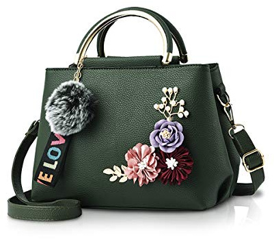 NICOLE & DORIS Damen Leder Handtasche Umhängetaschen mit Blume Jahrgang Griff Tasche Designer Tote Geldbörse mit Pom Pom dunkelgrün