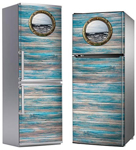 Vinile adesivo decorativo per frigorifero, speciale senza bolle, assi orizzontali di legno invecchiate in verde, con finestra marino (185 cm x 70 cm)