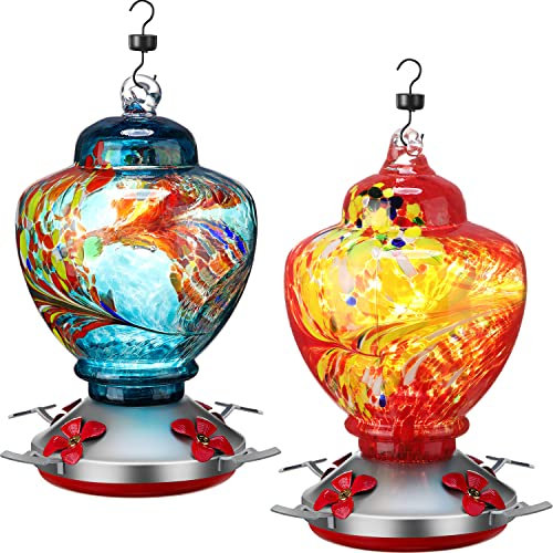 2 Sets Kolibri-Futterstation für den Außenbereich mit mundgeblasenem Glas, Vogelfutterstation mit Sitzstange, blaue Malerei und Blume, 100 Unzen inkl. Ameisenmoat, Metallhaken, hängende Drähte, Bürste