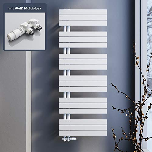 SONNI Badheizkörper Flach Handtuchtrockner 1590x600 mm Weiß Handtuchwärmer mit Multiblock Seitenanschluss Panel Handtuchheizkörper