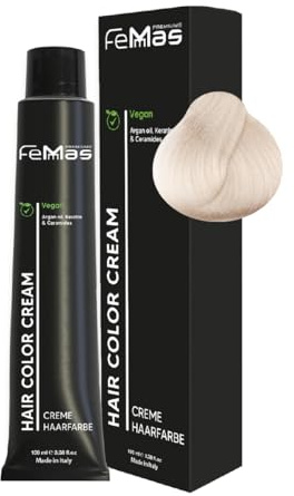 FemMas teinture pour cheveux Blond Platine Extra Perle Cendré 12.81 I Crème colorante à l'huile d'argan, kératine et céramides I Coloration permanente ou teinture durable I 100 ml