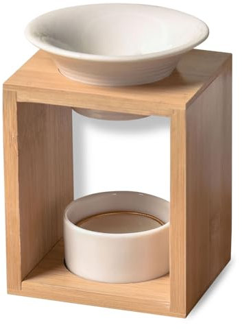 Duftbrenner Arina - Schmelzender Duftwachsbrenner - Diffusor für ätherische Öle und Raumduft - Kerzenhalter für Aromatherapie mit dekorativer Kerze aus Holz und Keramik - Höhe: 12 cm - Zen'Arôme