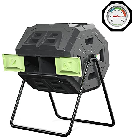 SQUEEZE master Large Compost Tumbler Bin - Outdoor Garden Rotating with Thermometer -Automatic Temperature Measurement-Sturdy Steel Frame - 43Gallon (2-21.5Gal)- Green Door