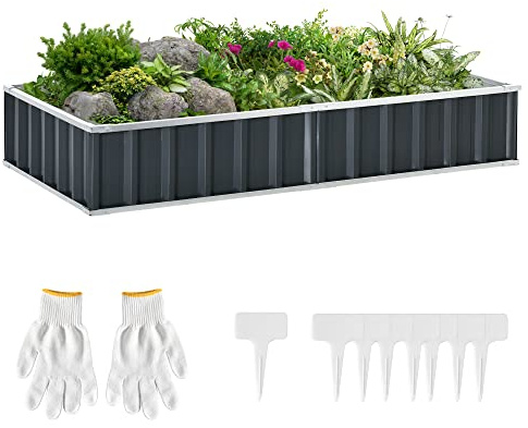 Outsunny Carré Potager de Jardin Modulable 174 x 90 x 30 cm Anthracite | Montage sans Outils, Gants Fournis, Tôle d'Acier Ondulée