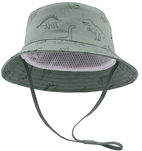 SEYUFN Bob Sonnenhut Baby-Fischerhut mit breiter Krempe Sonnenhut mädchen Verstellbarer Baumwollhut UV-Schutz Sommerhut für Kinder(Grüner Dinosaurier,4-6 Jahre)