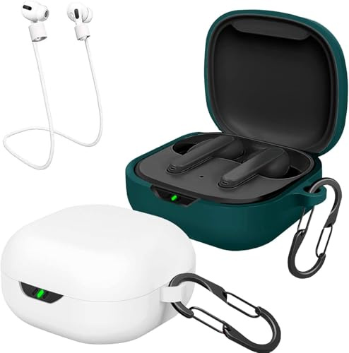 [2-Pack] easyBee Case Designad för JBL Vibe Flex/JBL Wave Flex/JBL Wave 300 TWS Fodral Skal, med 2 Karbinhakar 2 Anti-förlorade Hörlursrem, Stöttåliga Hörlurar Silikonskal - Vit och Mörkgrön