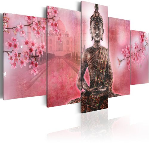B&D XXL - Wandbilder XXL Buddha 150x75cm 5 tlg - Wand Deko Leinwand Bilder Groß Wanddeko Wohnzimmer Schlafzimmer Kunstdrucke - Feng Shui Statue Kirschblüte 020113-216