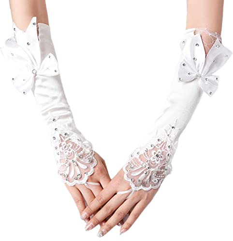 Amorar Hochzeit Satin Handschuhe, 1Paar Fingerlose Strass Brauthandschuhe Bowknot Elegant Kostüm Fäustlinge Fleck Lange Damen Hochzeitshandschuhe für die Braut Strass Hochzeit Zubehör,Cremeweiß