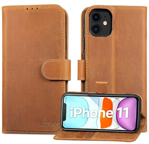 LENSUN Echtleder Handyhülle für iPhone 11, Vintage Braun | Echtes Leder, Magnetverschluss Lederhülle, RFID Schutz Kartenfach, Klappbar Handytasche, Standfunktion
