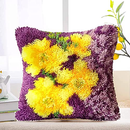 Knüpfteppich Zum Selber Knüpf-Sets mit Kissen knüpfen-Set 43x43cm Kissenbezug-Set für Erwachsene und Kinder Latch Hook Kit Heimaccessoire（Gelbe Blume）