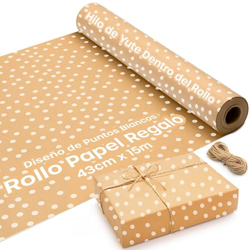 Geschenkpapier Rolle - 15m x 43cm Geschenkpapier Kraftpapier mit Polkadots-Design und 2 Jute Schnüre, Umweltfreundliche Wrapping Paper Für Geschenkkisten & Dekoration