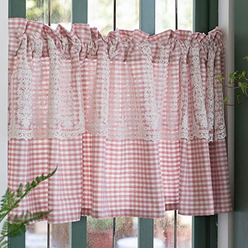 A.Monamour Gardine Scheibengardinen Kurzstores Undurchsichtiges Rosa Kariertes Plaid Mit Stickerei Spitze Kurzvorhang Kurzgardinen Küchengardine Küche Vorhang Fenster Kurz Stores Bistrogardine