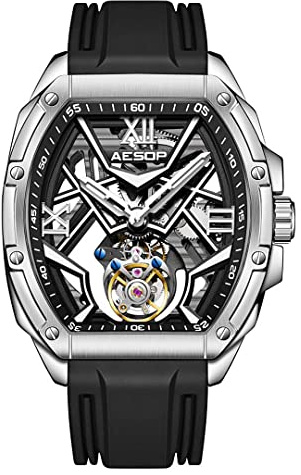 Aesop Tonneau Tourbillon Uomo Orologi Scheletro Luminoso Vento a mano Uomo Orologi da polso Zaffiro Impermeabile Orologio da Lavoro di Lusso per Uomo 7059(Bianco)