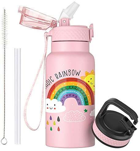 OLDLEY 500ml Kinder Edelstahl Wasserflasche mit Stroh für Schule mit 2 verschiedenen Deckeln, Metall Vakuum Isolierte Wasserflaschen für Jungen Mädchen Kleinkind Kinder Heiße kalte Getränke BPA frei